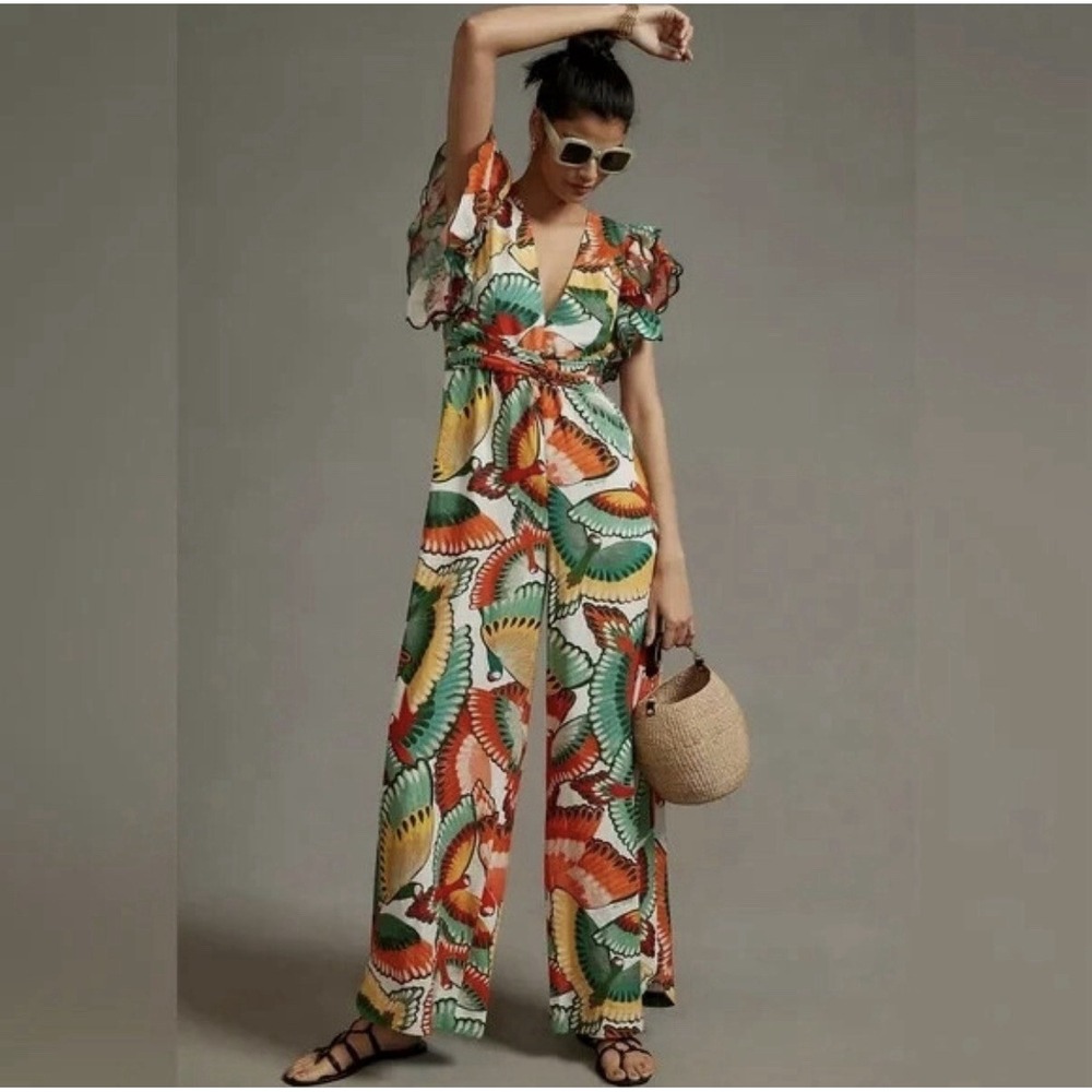 Farm Rio New Anthropologie Ruffle-Sleeve Linen Jumpsuit Size L - Picture 5 of 16